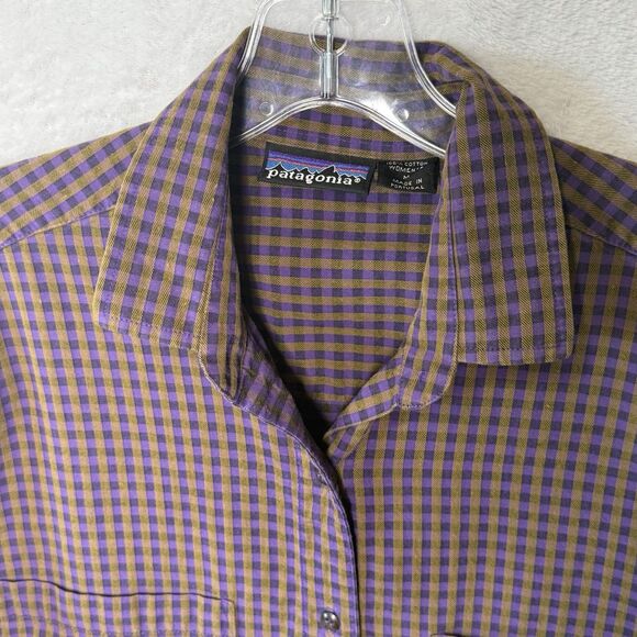 PATAGONIA Women's Size M Loose Fit Purple Khaki Check Plaid Button Front Shirt - Picture 4 of 16